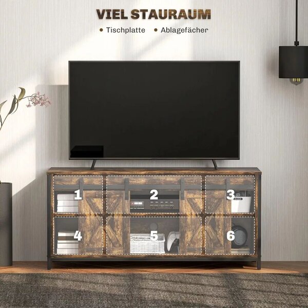 HOMCOM TV-szekrény, ipari formatervezés, 60"-os tévékhez, 6 rekesszel, 2 tolóajtóval, barna/fekete