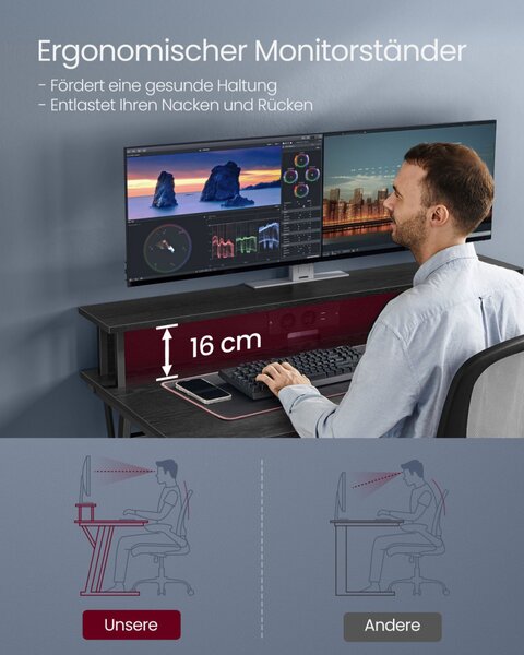 VASAGLE Gaming Desk LED-es gamer asztal beépített elosztóval és monitortartóval fekete 120 x 60 x 76 cm