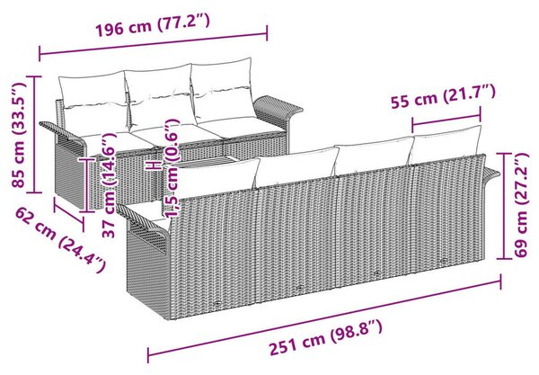 8 Darabos Kerti Kanapé Szett Párnával Szürke Poly Rattan Akác
