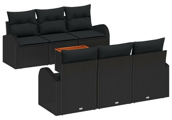 7 darabos Kertheverő szett párnákkal, fekete poli rattan, akáciából, 2 személyes Kertheverő tárolóval és párnákkal, fekete poli rattan