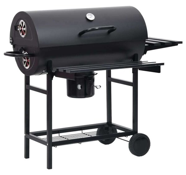 Fekete acél hengeres grillsütő kerékkel és polccal 115x85x95 cm