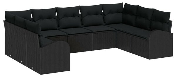 9 Részes Kerti Kanapé Szett Párnákkal Fekete Poli Rattan, 2-Fős Kerti Kanapé Tárolóval és Párnákkal Fekete Poli Rattan