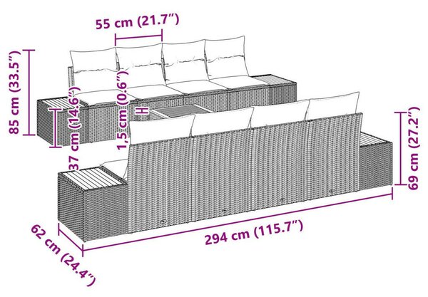 9 részes Kerti Sofa Szett Párnákkal Bézs Poli Rattan Akáciából