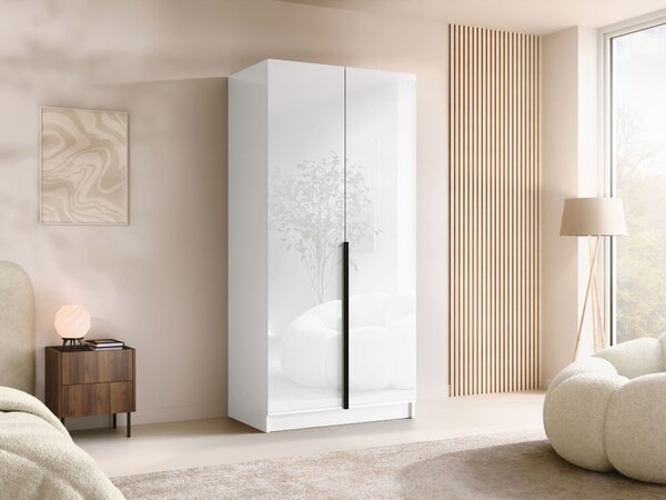 Gardróbszekrény Closico Staton I, Laminált forgácslap, 215x100x58cm, Fekete, Fehér, Fényes fehér