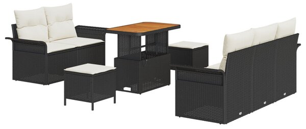 8 Darabos Kert Kanapé Szett Párnákkal Fekete Poli Rattan Akáciával, 2-Fős Kert Kanapé Párnákkal Fekete Poli Rattan, 3 Darabos Kert Étkező Szett Párnákkal Fekete Poli Rattan Akáciával