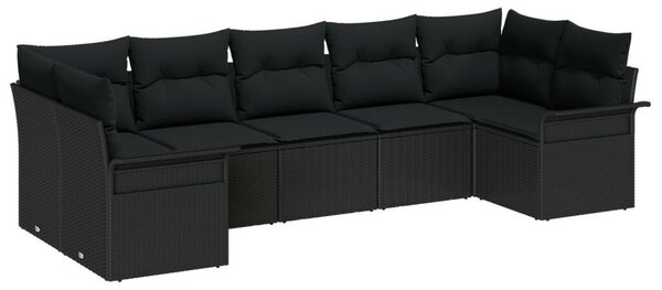 7 Részes Kerti Kanapé Szett Párnákkal Fekete Poli Rattan, 2-Fős Kerti Kanapé Tárolóval és Párnákkal Fekete Poli Rattan