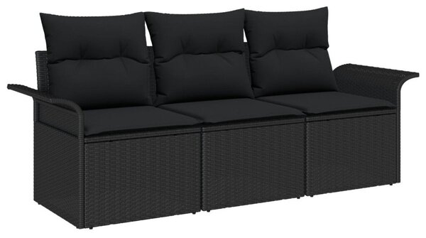 3 darabos kertkanapé szett párnákkal fekete poli rattan, 2 férőhelyes kertkanapé tárolóval és párnákkal fekete poli rattan