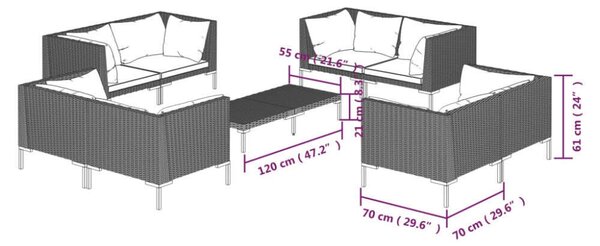 Polyrattan Kerti Bútorszett - 9 részes - Sötétszürke