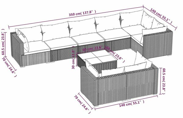 VidaXL Polyrattan Kerti Ülőgarnitúra - 9 részes - Fekete