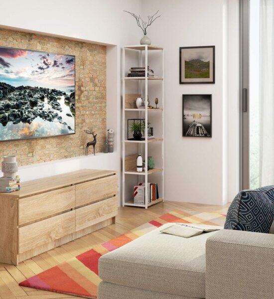 AKORD Loft 500 Fém Polcos Állvány Fehér/Sonoma Tölgy