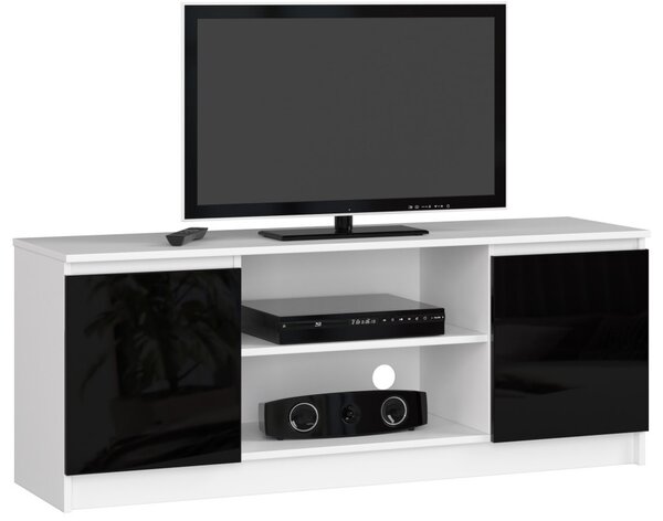 AKORD Modern TV Szekrény 140 Fehér Magasfényű Fekete Ajtókkal