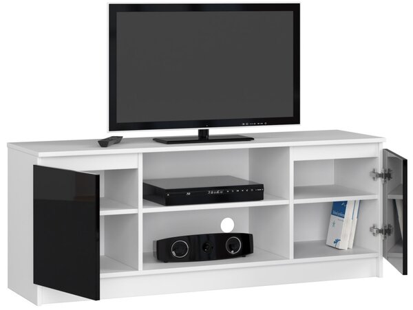 AKORD Modern TV Szekrény 140 Fehér Magasfényű Fekete Ajtókkal