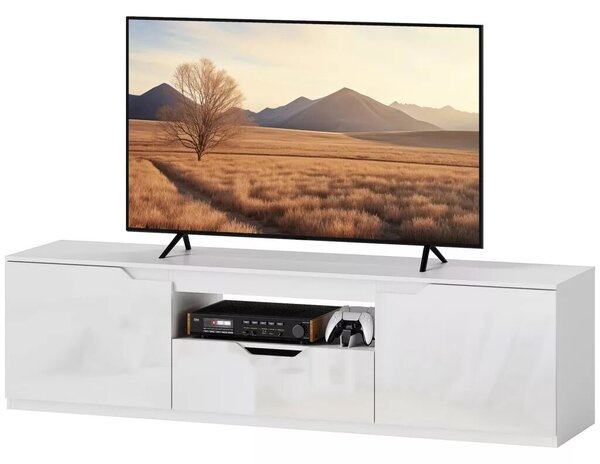 HOMCOM TV-szekrény, magasfényű, akár 65"-os tévékhez, 3 rekesszel, fiókkal, fehér