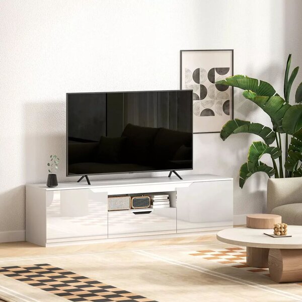 HOMCOM TV-szekrény, magasfényű, akár 65"-os tévékhez, 3 rekesszel, fiókkal, fehér