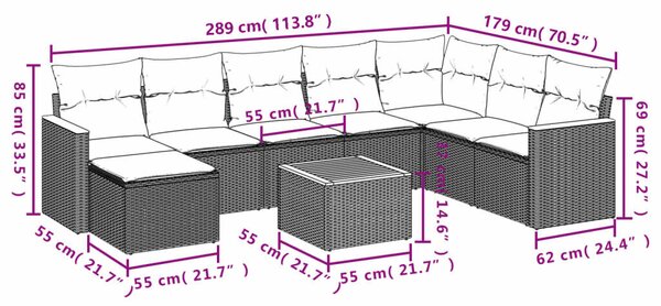 VidaXL Polyrattan Kerti Ülőgarnitúra - 9 részes, Fekete