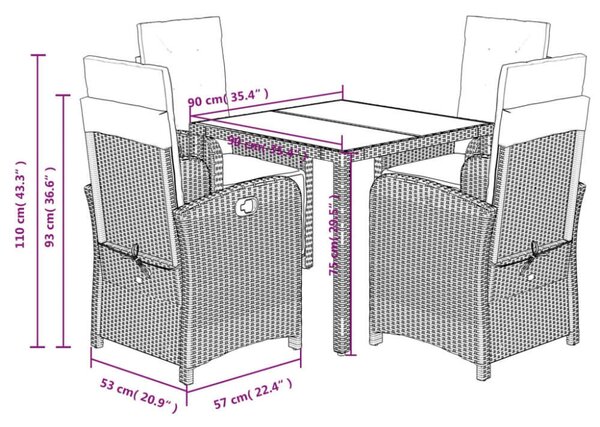 VidaXL Polyrattan Kerti Étkezőgarnitúra - 5 részes, Fekete