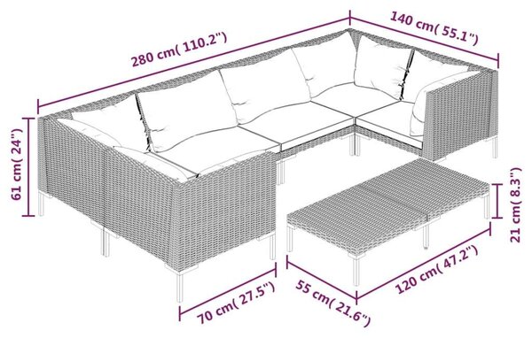 Polyrattan Kerti Bútorszett - 7 részes - Sötétszürke