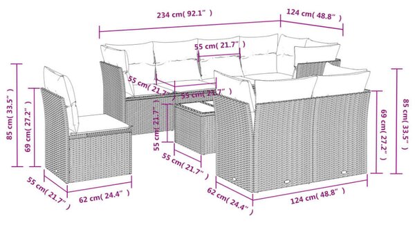 VidaXL Polyrattan Kerti Ülőgarnitúra - 9 részes - Fekete