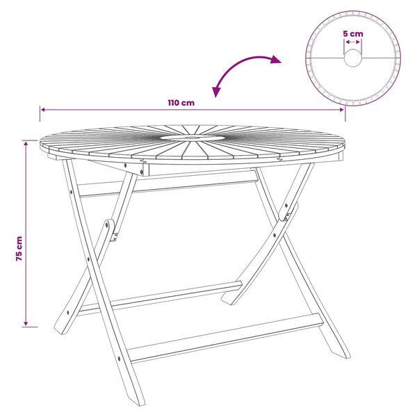 VidaXL Összecsukható kertasztal Természetes Ø110 x 75 cm Tömör Akácfa