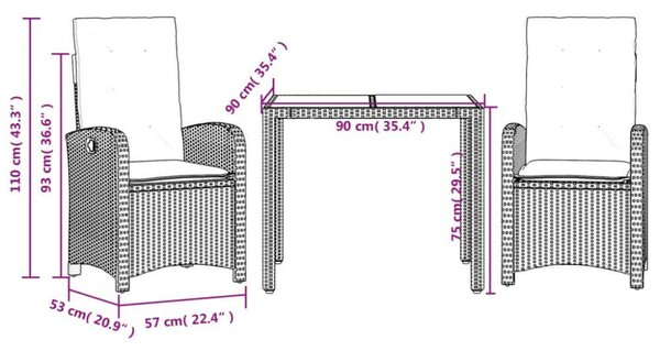 VidaXL Polyrattan Kerti Étkezőgarnitúra - 3 részes