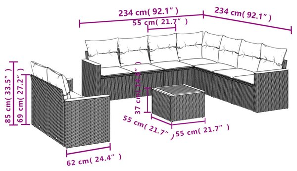 VidaXL 10 részes fekete polyrattan kerti ülőgarnitúra párnákkal