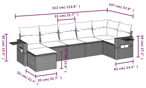 VidaXL Polyrattan Kerti Ülőgarnitúra - 7 részes - Fekete