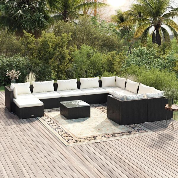 VidaXL 11 részes fekete polyrattan kerti ülőgarnitúra párnákkal