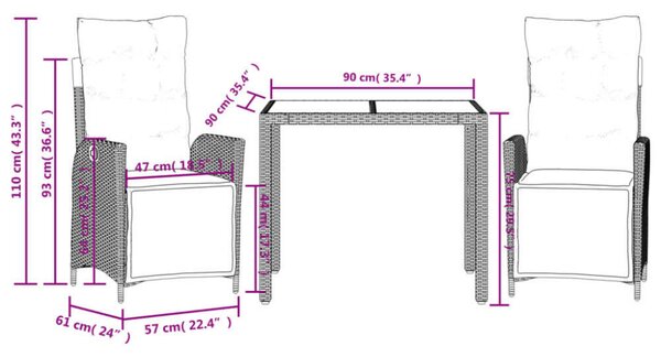 VidaXL Polyrattan Kerti Étkezőgarnitúra - 3 részes