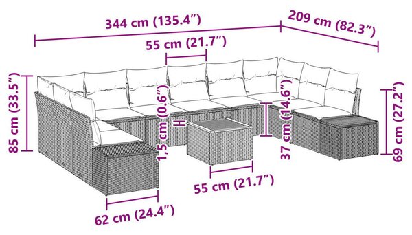 11 Darabos Kertibútor Szett Párnákkal, Szürke Poli Rattan Akác