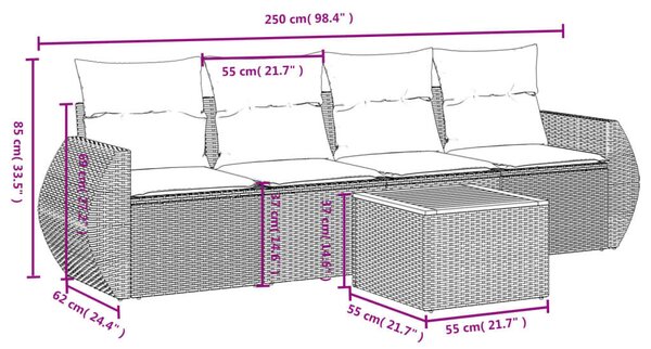VidaXL 5 részes fekete polyrattan kerti kanapészett párnákkal