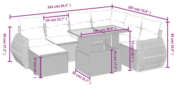 VidaXL Polyrattan Kerti Ülőgarnitúra - 8 részes - Fekete