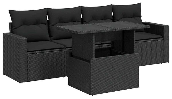 5 részes fekete polyrattan kerti kanapészett párnákkal