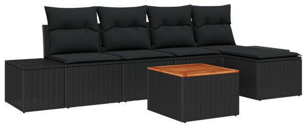 6 darabos Kerti Kanapé Szett Párnákkal, Fekete Poli Rattan Acacia