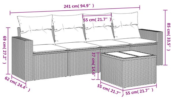 VidaXL 5 részes fekete polyrattan kerti kanapészett párnákkal