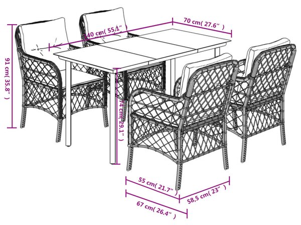 VidaXL 5 részes vegyes bézs polyrattan kerti étkezőgarnitúra párnákkal