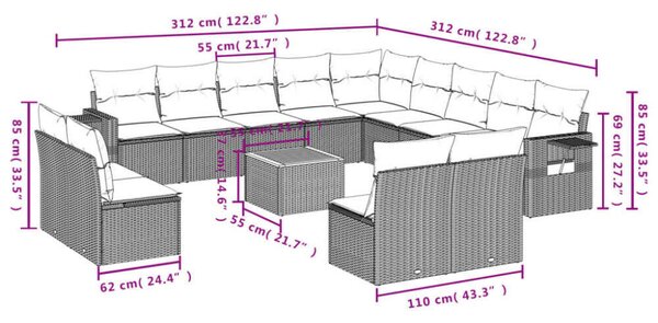 VidaXL Polyrattan Kerti Ülőgarnitúra - 14 részes - Fekete