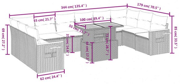 VidaXL Polyrattan Kerti Ülőgarnitúra - 11 részes - Fekete