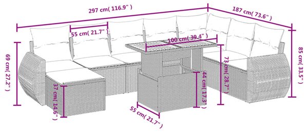 VidaXL Polyrattan Kerti Ülőgarnitúra - 9 részes - Fekete