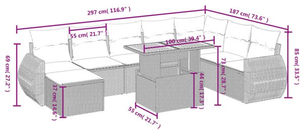 VidaXL Polyrattan Kerti Ülőgarnitúra - 9 részes - Fekete
