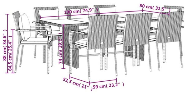 VidaXL Polyrattan Kerti Étkezőgarnitúra - 9 részes - Szürke