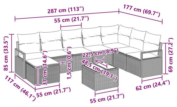 9 darabos kerti kanapé szett párnákkal bézs poli rattan, 2 fős kerti kanapé párnákkal fekete poli rattan