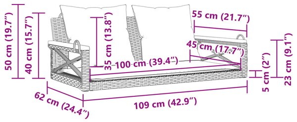 VidaXL barna polyrattan hintapad párnákkal 109 x 62 x 40 cm
