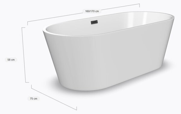 Inspiro Design Ravello, ovális térben álló füdőkád, 160x75x58 cm