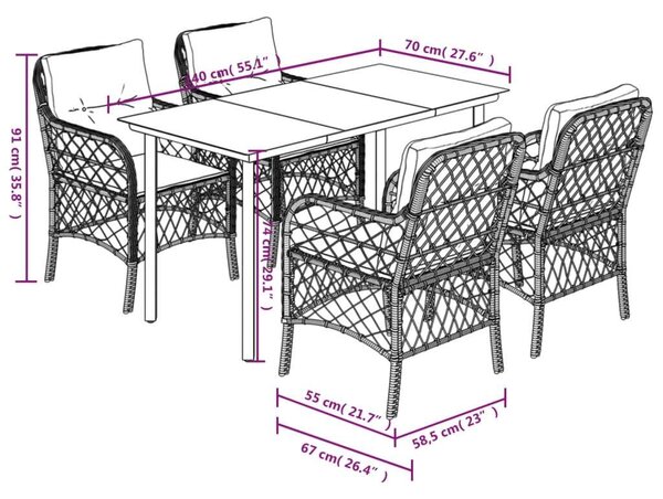 VidaXL 5részes világosszürke polyrattan kerti étkezőgarnitúra párnával