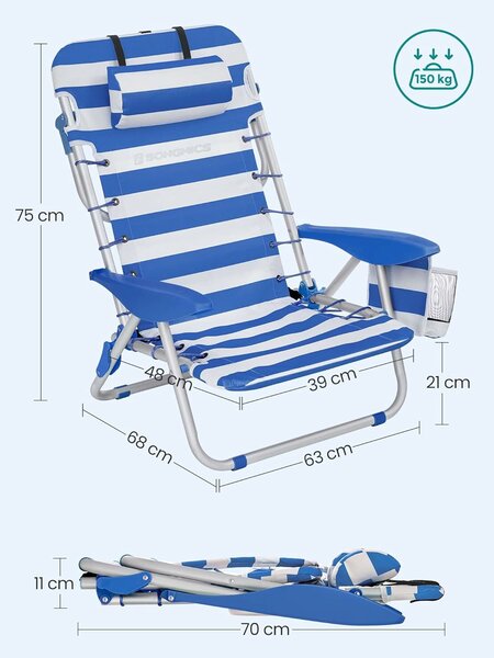 SONGMICS hordozható strandszék, 4 pozícióban állítható háttámlával , karfákkal, maximum 150kg, fehér/ kék