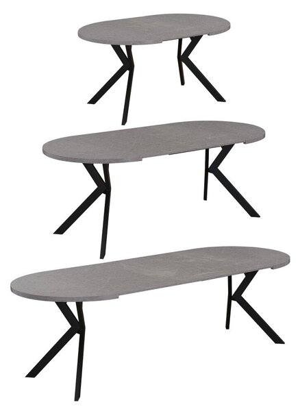 Kihúzható étkezőasztal, világos beton/fekete, 100-250x75,5 cm, LUKOS