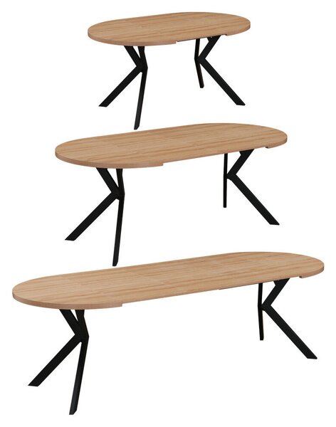 Kihúzható étkezőasztal, világos tölgy/fekete, 100-250x75,5 cm, LUKOS