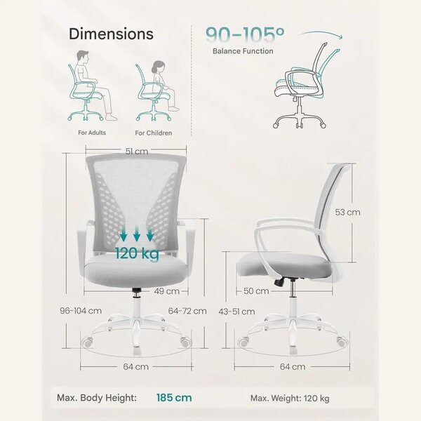 Songmics ergonomikus irodai szék görgőkkel, tanuláshoz/otthoni irodához/irodába, hálós textil kárpitozás, H96-104 cm, hintamechanizmus, állítható magasság, stabil alap nylon görgőkkel, derékt