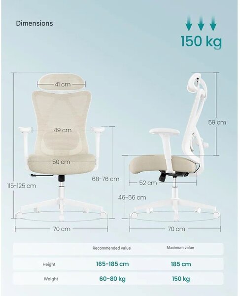 Songmics ergonomikus irodai szék, hálós szövet anyag, H114-124 cm, ideális irodába/otthoni irodába/tanulószobába, állítható fejtámla a fej/nyak megtámasztására, deréktámasz, légáteresztő háló