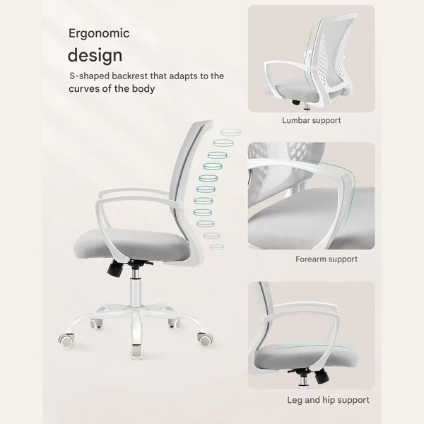 Songmics ergonomikus irodai szék görgőkkel, tanuláshoz/otthoni irodához/irodába, hálós textil kárpitozás, H96-104 cm, hintamechanizmus, állítható magasság, stabil alap nylon görgőkkel, derékt